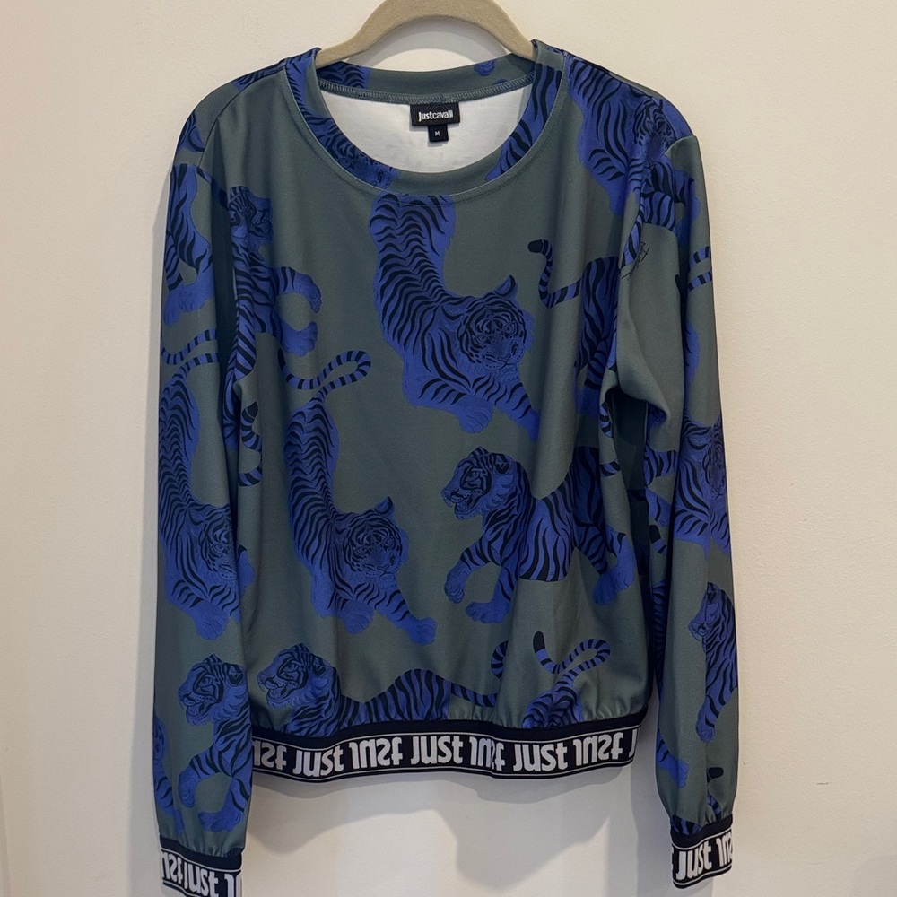 Just Cavalli Blue and Gray Tiger Pattern Top